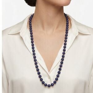 Vintage Navy Blue Beaded Necklace 28 Inch Strand Gold Tone Clasp Classic